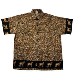 VTG Rina Top Women's Short Sleeve Animal Print Button Up Brown Gold Black Large